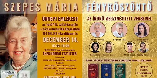 F\u00c9NYK\u00d6SZ\u00d6NT\u0150 \u2013 SZEPES M\u00c1RIA Eml\u00e9kest \/ \u0150sbemutat\u00f3 \u00e9s \u00fcnnepi k\u00f6nyvv\u00e1s\u00e1r \/\/ Ingyenes! \/ \u00c9l\u0151 Online is!