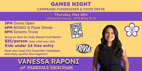 Games Night - Vanessa Raponi for City Councillor Fundraiser & Food Drive