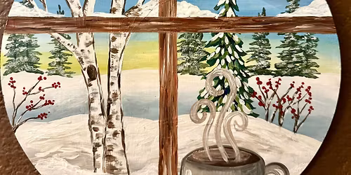 Winter Window wood sign painting at Milly's Community Cafe