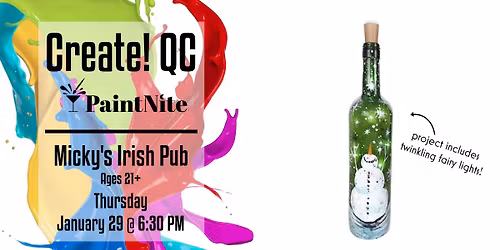 Paint Nite at Micky's Irish Pub: Snowman in Snowstorm Wine Bottle with Fairy Lights