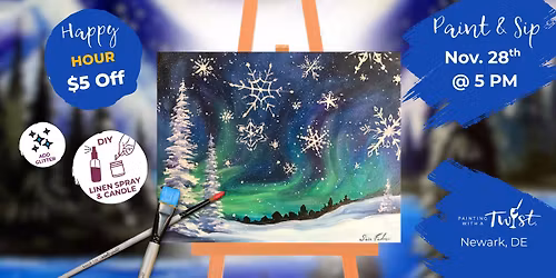 \ud83c\udf77\ud83c\udfa8 Friday Happy Hour \u2013 Paint & Sip: Christmas Lights - Snowflakes Falling - $5 Off