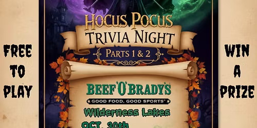 Hocus Pocus Trivia at Beef O' Brady's Wilderness Lakes