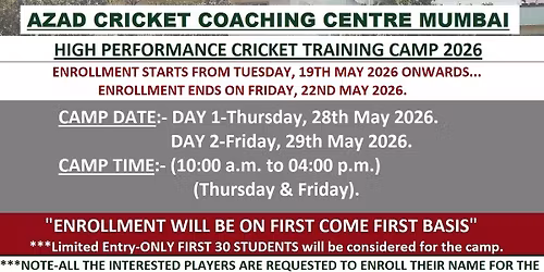 AZAD CRICKET COACHING CENTRE MUMBAI-HIGH PERFORMANCE CRICKET TRAINING CAMP 2026