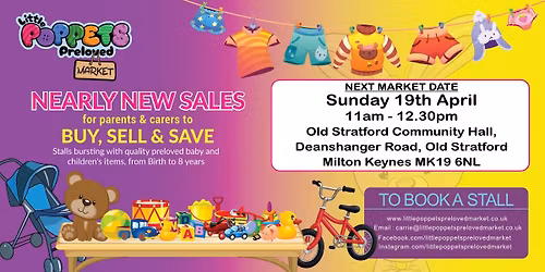 Little Poppets Preloved Market - Old Stratford Community Hall, Sunday 19th April, 11am - 12.30pm