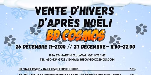 Vente D'Hiver D'Apr\u00e8s No\u00ebl au BD Cosmos! Boxing Day Sale at BD Cosmos