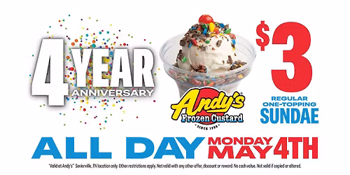 $3 Sundaes for 4 Years of Andy\u2019s! 