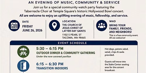 Free Tabernacle Choir Hollywood Bowl Watch Party & Free Community Dinner