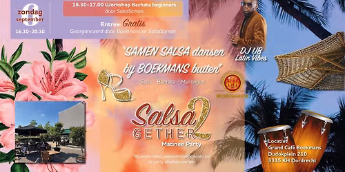 "GRATIS Salsa dansen bij Grandcafe Boekmans" buiten op het terras –zondag 14 juni