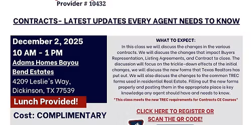 In Person \u2013 COMPLIMENTARY \u2013 Contracts- Latest Updates Every Agent Needs to Know \u2013 Dec 2nd