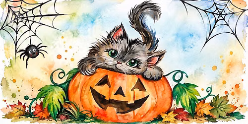 Halloween Watercolor Fun: Cute Cat & Pumpkin