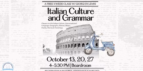 Free 3-Week Italian Culture and Grammar Class with Giorgi Di Lemis