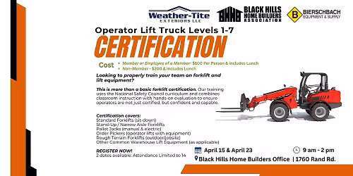 Operator Lift Truck Levels 1-7 Certification *April 23rd*