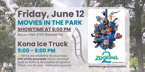 Movies in the Park: Zootopia 2 at Bacon Park with Kona Ice