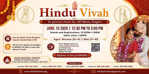 June 13 - In-Person Matchmaking Event ISKCON Temple, DC