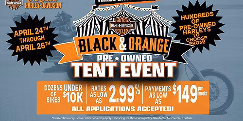 Black & Orange Pre-Owned Tent Event