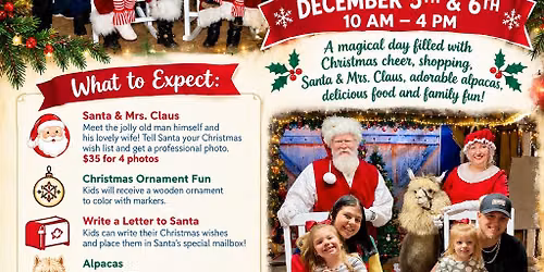 7th Annual Santa, Mrs. Claus & Alpacas with ArtPaca Market 12\/5 & 12\/6