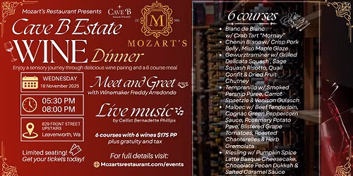 Mozarts Wine Dinner featuring Cave B Estate Winery