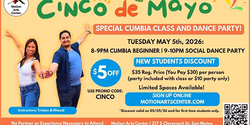 Cinco de Mayo Cumbia Fiesta - Beginner Class + Dance Party in San Mateo!