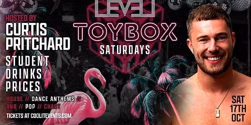 \ud83e\uddf8 TOYBOX SATURDAYS \ud83e\uddf8 HOSTED BY CURTIS PRITCHARD \ud83e\udea9\ud83c\udf34 S A T U R D A Y S @ LEVEL SUPER CLUB