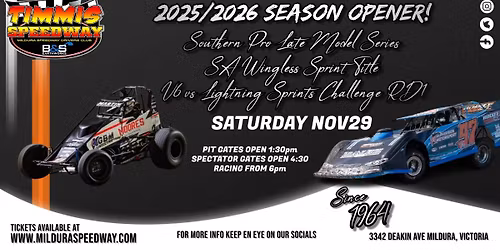 B&S Earthworks Timmis Speedway Season Opener, Late Models, SA Wingless Sprint Title, V6 Sprints