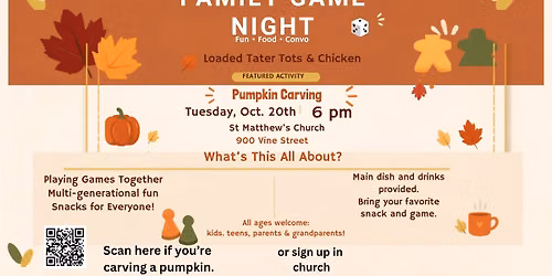 Family Game Night and Youth Meet Up with pumpkin carving