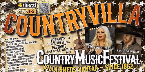 COUNTRYVILLA \u2022 CountryMusicFestival TO-La 2.-4.7.2026 \u2022 VillaSmeds Vantaanlaakso