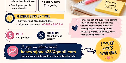 Summer Tutoring Sessions (Grades 1\u20135 & High School Support)