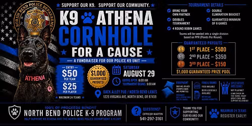 K9 Athena Cornhole tournament for a Cause August 29th Back Alley Pub