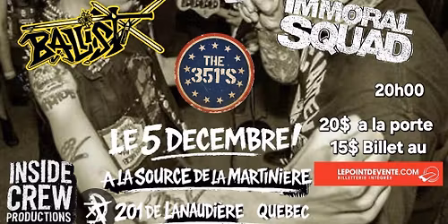 \ud83c\udfb8 SOIR\u00c9E UNDERGROUND \u2013 5 D\u00c9CEMBRE 2026 \ud83c\udfb8\n\ud83d\udd25 Avec :\nUltra Razzia\nBallistix\nImmoral Squad\nThe 351's\n