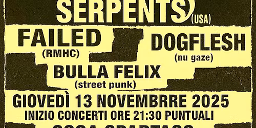 PUBLIC SERPENTS (usa) - FAILED (rmhc) - BULLA FELIX (streetpunk) - DOGFLESH (nu gaze) @csoa spartaco
