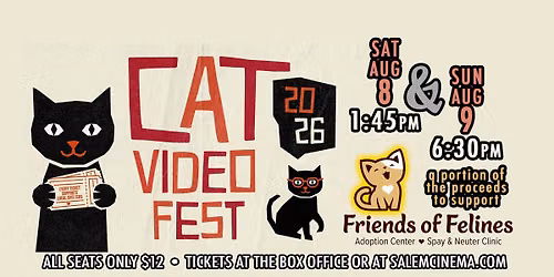 Cat Video Fest 2026 at Salem Cinema to benefit Friends of Felines!