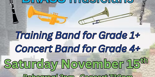 "Play Day" rehearsal and concert for all Woodwind & Brass musicians