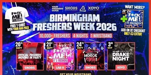 Birmingham Freshers Week Wristband 2026 - Official Your Freshers Guide - Includes Snobs, LAB11, XOYO & More! | Birmingham Freshers 2026