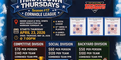 SEASON #17 THROW DOWN THURSDAY\u2019S CORNHOLE LEAGUE, TOTAL SPORTS IS ADDING \ud83d\udcb5 \ud83d\udcb0 \ud83d\udcb4 TOWARDS PAYOUTS!!!
