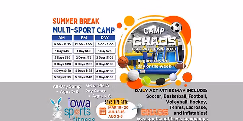 Summer Multi-Sport CHAOS CAMP for ages 4-8 yrs at Line Drive in Cedar Rapids\/Marion