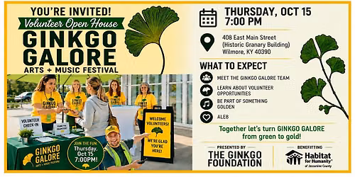 Volunteer Open House (THURSpm, OCT 15) GINKGO GALORE\u2122 Arts + Music Festival