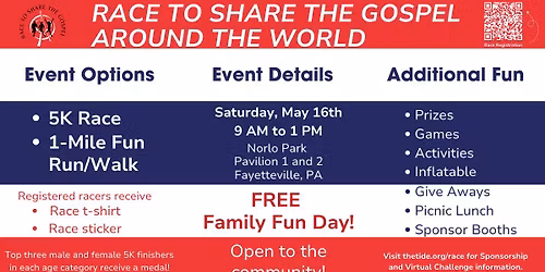 FREE Family Fun Day at The Tide Race to Share the Gospel 5K and 1-Mile Fun Run\/Walk