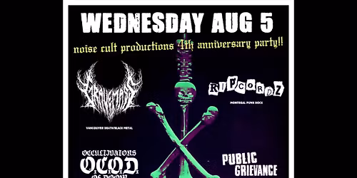 Noise Cult 4 Year Anniversary with Gravemass, Ripcordz, O.C.O.D. & Public Grievance Live In Nelson