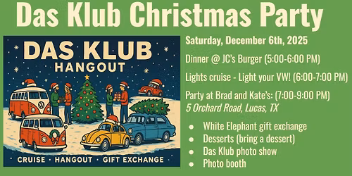 First Saturday Das Klub hangout at JC's Burgers + Christmas Lights Cruise + Gift X-Change & Dessert!