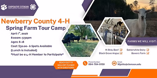 Newberry County 4-H Spring Farm Tour Camp 2026