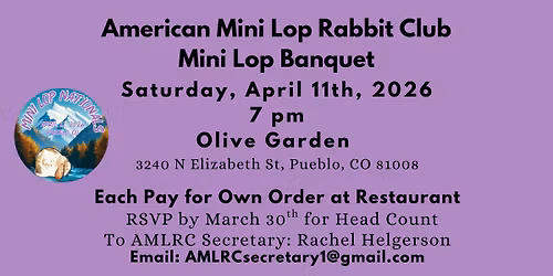 Mini Lop \ud83d\udc51 Banquet 7pm at Olive Garden 4\/11\/26 in Pueblo, CO