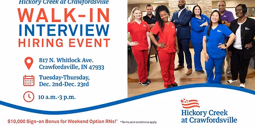 Crawfordsville, IN: Hickory Creek at Crawfordsville Walk-In Interview Hiring Event