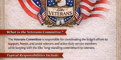 Veterans Committee Meet the Second Monday of Every Month in the River Room, Come on Out and Join Us.