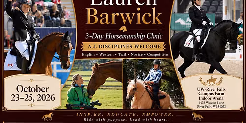 Oct 23-25, 2026 Lauren Barwick 3-Day Horsemanship Clinic at UW-River Falls, Wisconsin