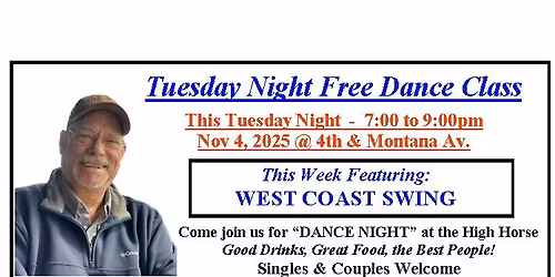 Free Class - West Coast Swing, Tues, Nov 4, 7to9pm