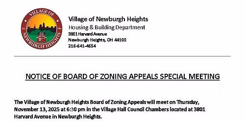 Village of Newburgh Heights Board of Zoning Appeals Special Meeting