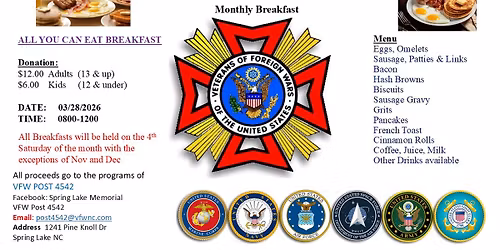 VFW Post 4542 Monthly All you can eat Breakfast