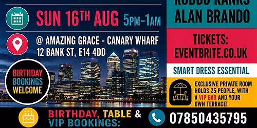 Reggae On The Wharf After Party Sun 16th AUG 5PM - 1AM Amazing Grace Canary