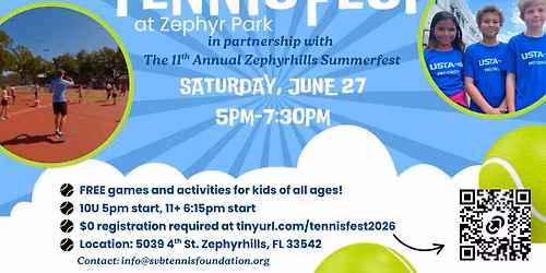 TennisFest 5pm-7:15pm; Tennis Play Day Series at Zephyr Park