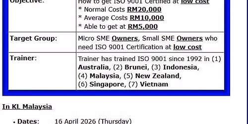 Weekly ISO 9001:2015 FAST TRACK Training Session (for Micro SME Owner, Small SME Owner)